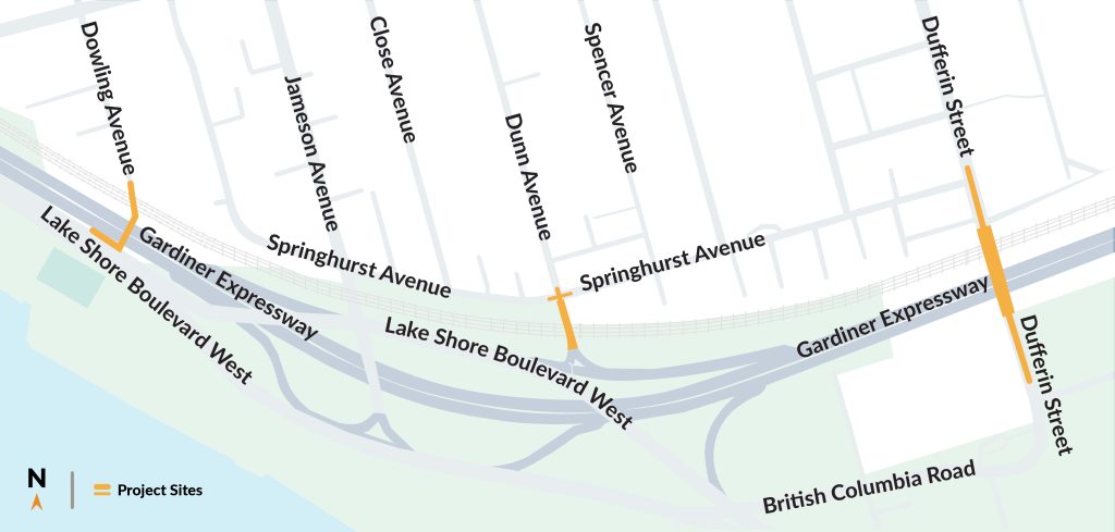 Parkdale Bridges project area consisting of Dufferin Bridges, Dowling Bridge and Dunn Bridge.