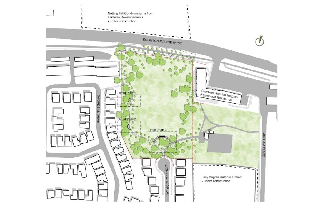 An overall site plan showing the areas of the park that will be improved. A dotted line indicates that Detail Plan 1 is located along the existing pathway on the far west side of the park, about halfway between Eglinton Avenue West and the northern tip of Featherwood Place. A dotted line indicates that Detail Plan 2 is located along this same pathway but further south of Detail Plan 1. A dotted line indicates that Detail Plan 3 is located just north of Featherwood Place at the south end of the park. Details of each Plan are shown below.