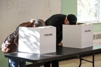 Two voters marking ballots behind privacy screens.