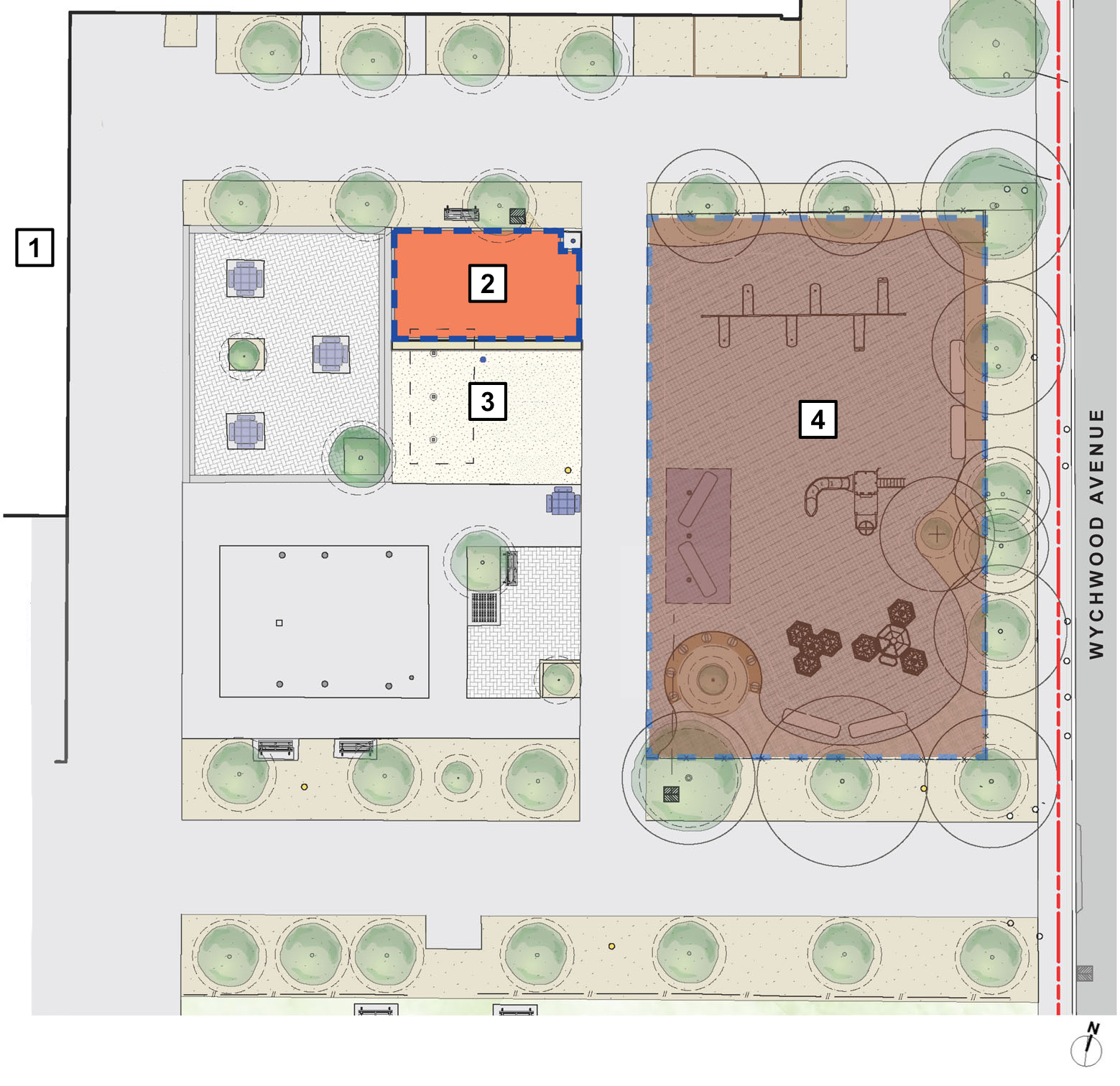 Site plan of the Wychwood Barns Park play area showing the completed new playground on the east side and the proposed streetcar play structure area on the west side above the existing sand play area. Project areas are outlined on the plan.