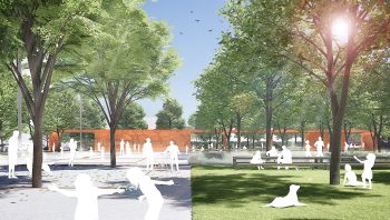 Rendering of park gathering areas showing people sitting, playing, walking on both grassy lawn and paved area next to it. Trees are dotted throughout both areas. The public art pavilion is in the background.