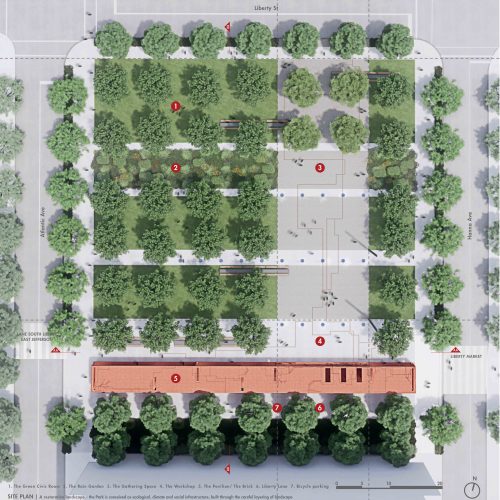 Rendering of park gathering areas showing people sitting, playing, walking on both grassy lawn and paved area next to it. Trees are dotted throughout both areas. The public art pavilion is in the background.