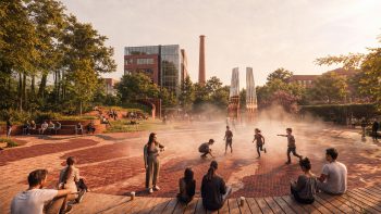 Perspective rendering of the main civic plaza featuring interactive mist, community gathering spaces, mature trees, and the landmark hearth structure.