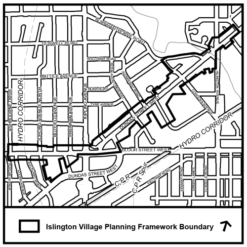 Map with boundary line capturing the properties fronting Dundas Street West and Bloor Street West to Chestnut Hills Crescent to the east and Ashbourne Drive and Poplar Avenue to the west.