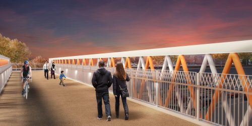 Dowling Pedestrian Cycle Bridge Rendering showing people walking facing in the south direction.