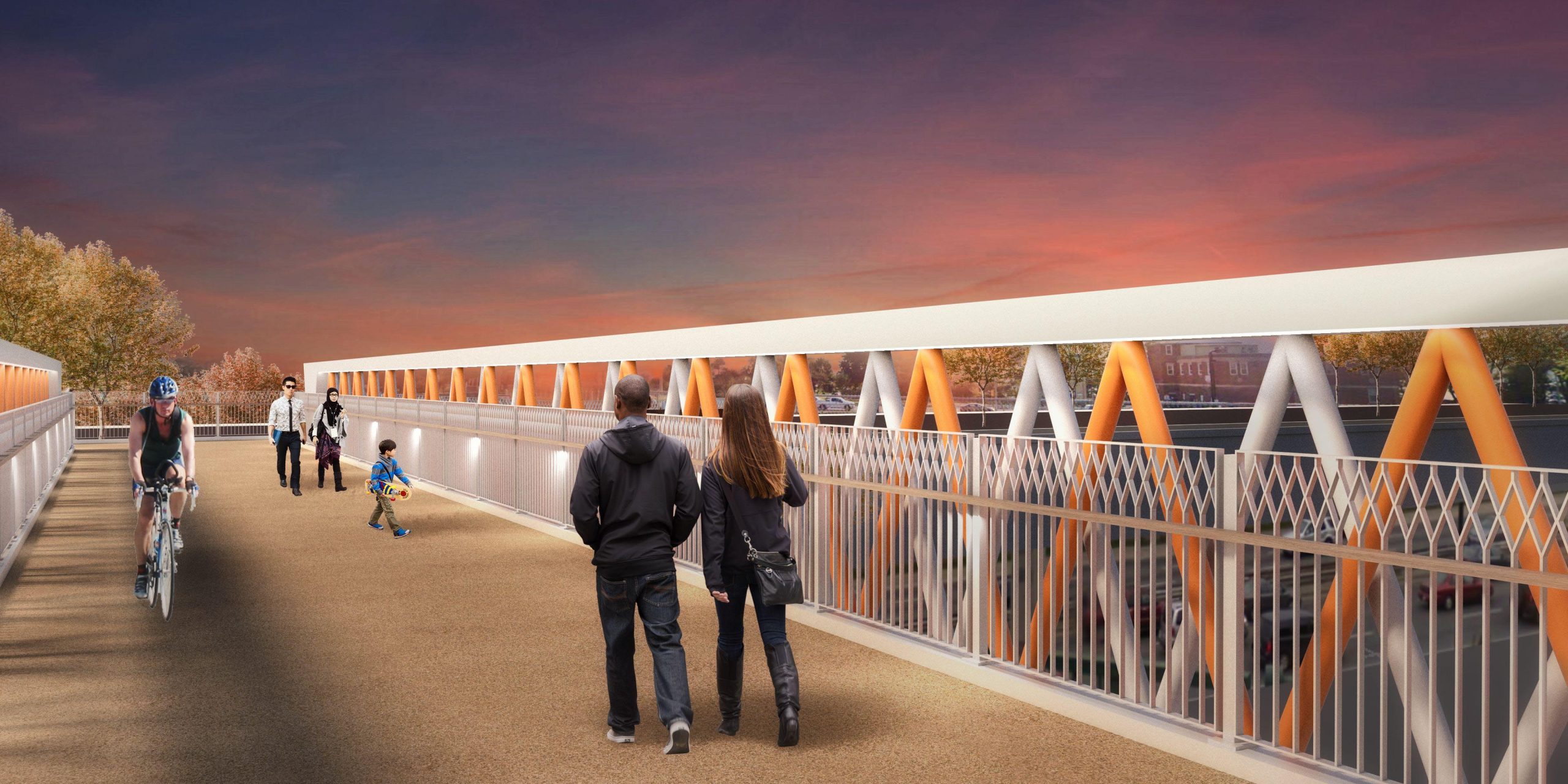 Dowling Pedestrian Cycle Bridge Rendering showing people walking facing in the south direction.