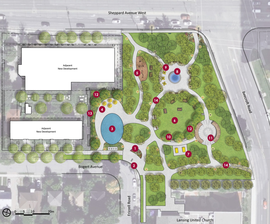 Coloured aerial plan of Design Option 2 with numbers that correspond to the list of features after the image. The proposed splash pad is located on the west end of the park, while the proposed fitness area is located along a pathway further north. At the centre of the park is an open grassy area with picnic tables.