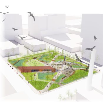Aerial view of 34 Hanna Avenue Park site looking south towards Lake Ontario.