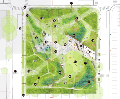 Site plan of the proposed park, with a central gathering space and more than 60% of the park area dedicated to planting and habitat creation.