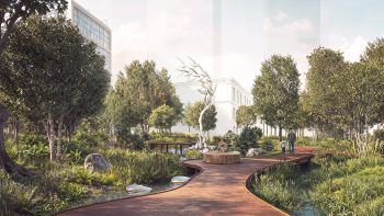 Rendering of the public art described in the text below this image. View inside the park along the boardwalk looking south at the sculpture in the central background with wetland planting and dense trees to either side of the boardwalk.