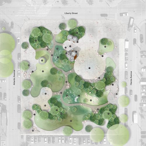 Coloured plan view rendering of the Liberty Nature Park site plan, including numbered annotations corresponding to the various features on site, including a mist plaza, collection of washroom pavilions, planted green core area with steel boardwalk, and a public art sculpture.