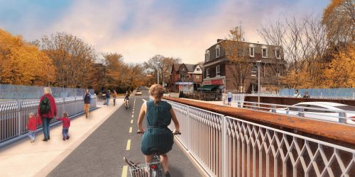 Dunn Avenue Bridge Rendering showing person riding on cycletrack seperated from two lanes of traffic facing the north direction.