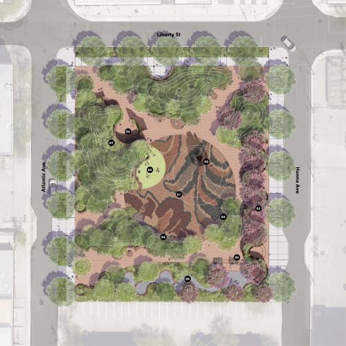 Site plan showing tree canopy around perimeter, with concentration on Atlantic Ave. side and the salvaged brick area rug paving pattern (which forms a gathering area) roughly in the middle. The hearth public artwork is located here, along with the bean bag lawn at one area, and mega sofa bench seating along the bottom. Publish washroom is located to one side of the gathering area.