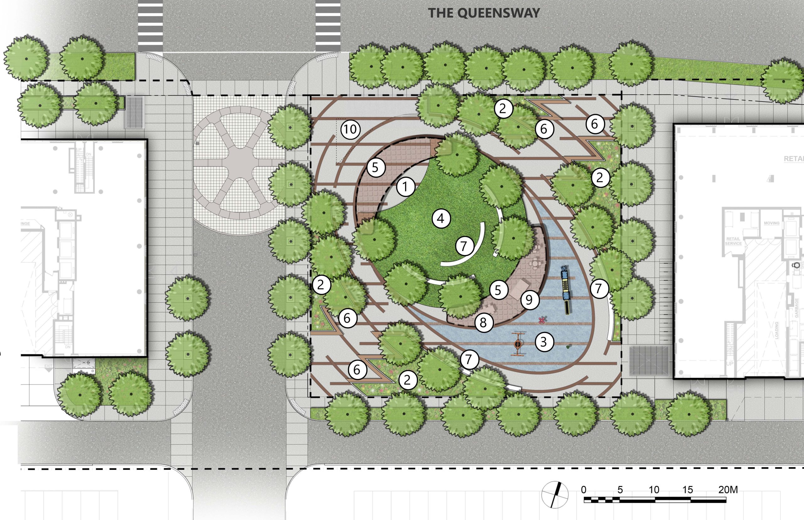 The preferred design includes numbered features that correspond to the list after the image. The multi-use plaza is a central round area with a patterned surface with a lawn, surrounded by plantings including pollinator gardens. Children’s playground equipment is adjacent to the lawn, and a shade structure is positioned over part of the plaza. Seating is scattered throughout.