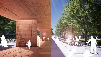 Rendering showing the public art structure with people underneath and around it, next to paved area with people sitting at a communal long table for working and picnicking. A person stand in the foreground with a bicycle. Luminous concrete unifies these exterior spaces, contrasting with the brick footprint beneath the pavilion and transitioning toward the planted landscape beyond.