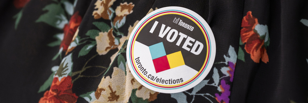 Close up image of the Toronto Elections "I Voted" sticker that was given to electors who voting during the 2026 municipal election.